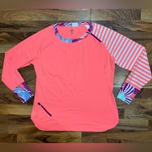 Title Nine XL Long Sleeve Athletic Top Coral Stripe Rashguard Swim Activewear